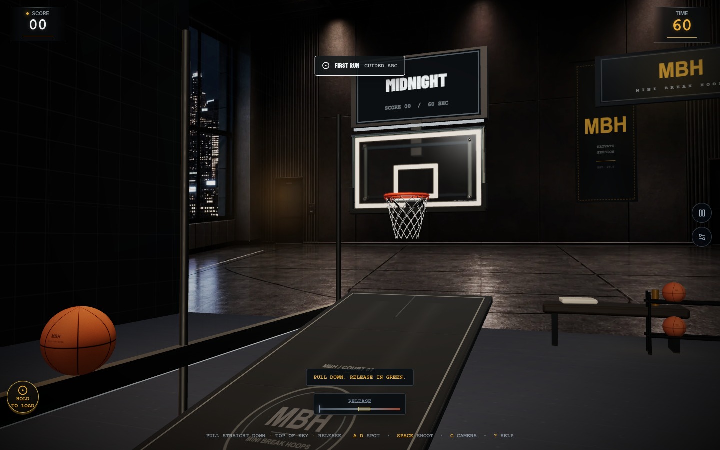 Court 01 from the sideline — lightbox, banner, and ball rack dressed